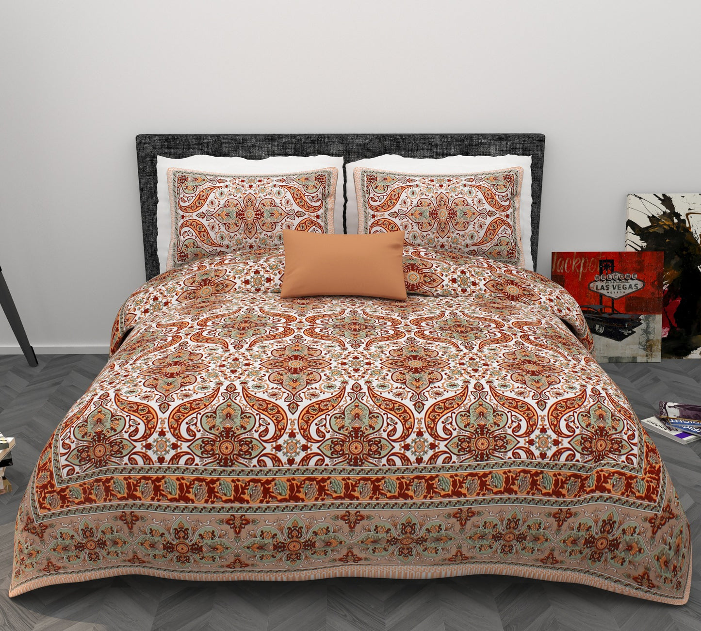 Ornamental Mughal Floral Print Cotton King Size Bedsheet Set (90x108 inch)