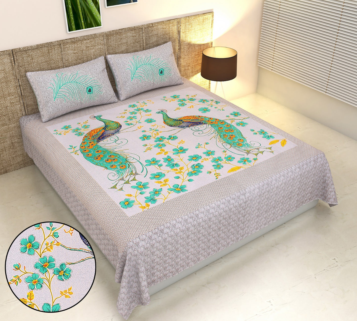 Peacock Floral Panel Print Cotton King Size Bedsheet Set (90x108 inch)
