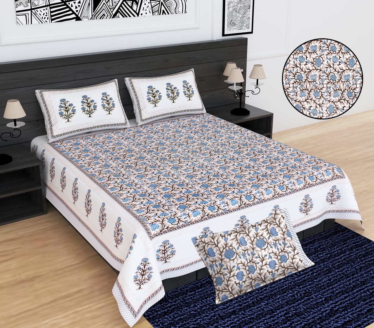 Floral Buta Print Cotton King Size Bedsheet Set (90x108 inch)