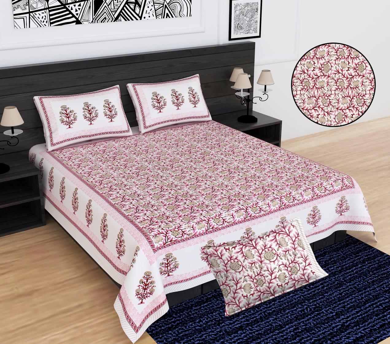 Floral Buta Print Cotton King Size Bedsheet Set (90x108 inch)