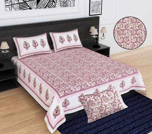 Floral Buta Print Cotton King Size Bedsheet Set (90x108 inch)