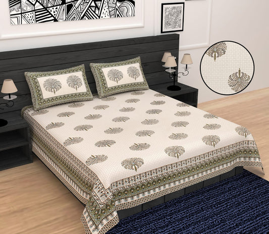 Phulkari Inspired Buta Print Cotton King Size Bedsheet Set (90x108 inch)