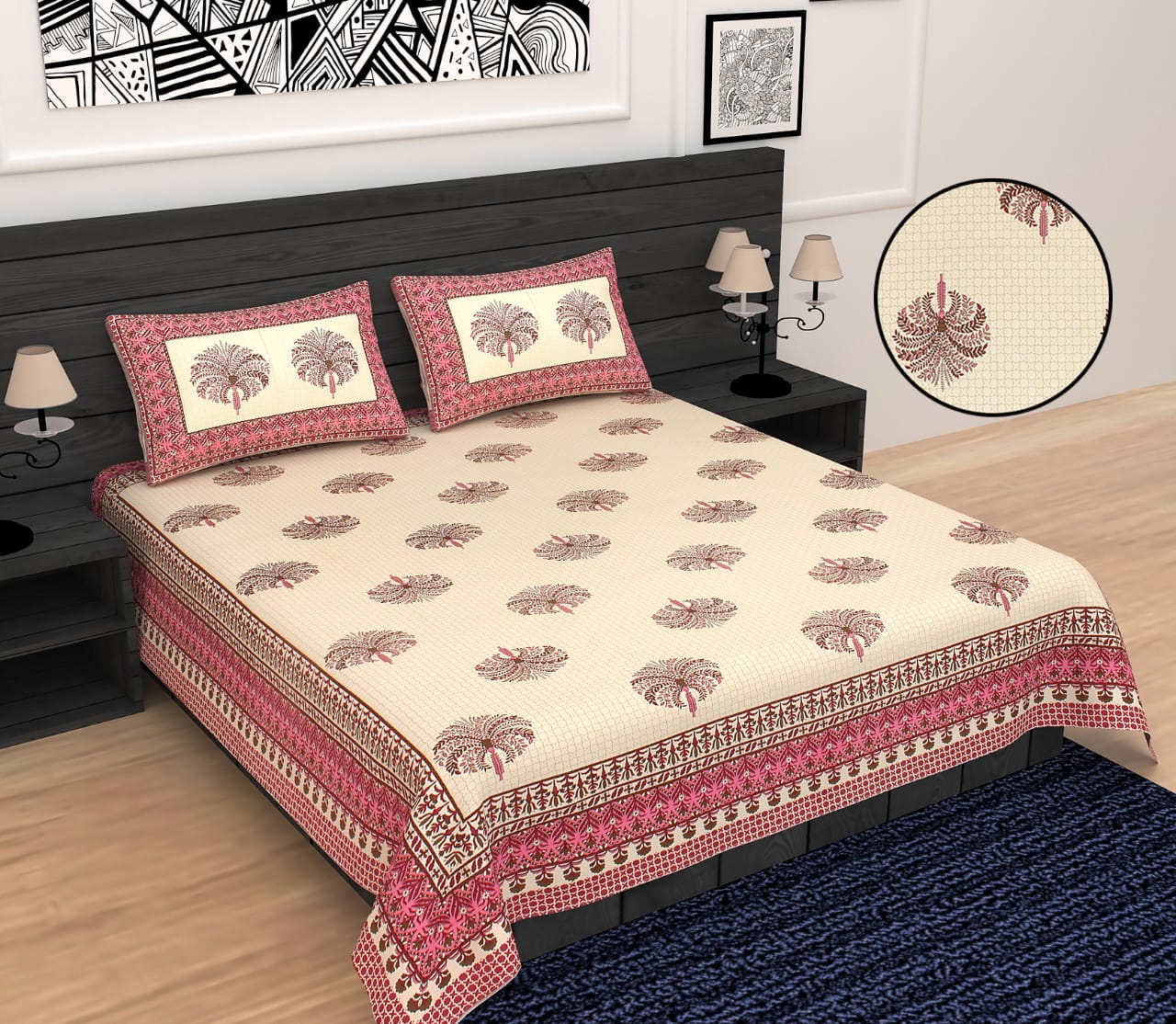 Phulkari Inspired Buta Print Cotton King Size Bedsheet Set (90x108 inch)