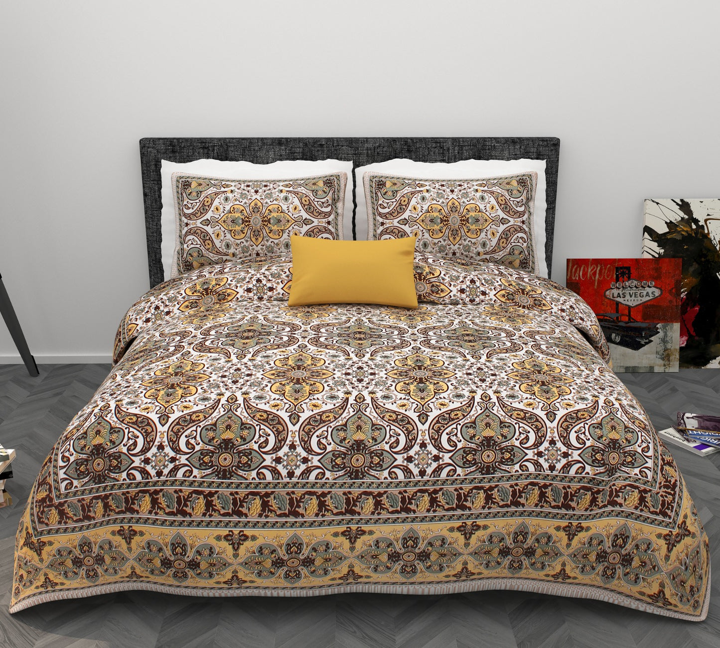 Ornamental Mughal Floral Print Cotton King Size Bedsheet Set (90x108 inch)