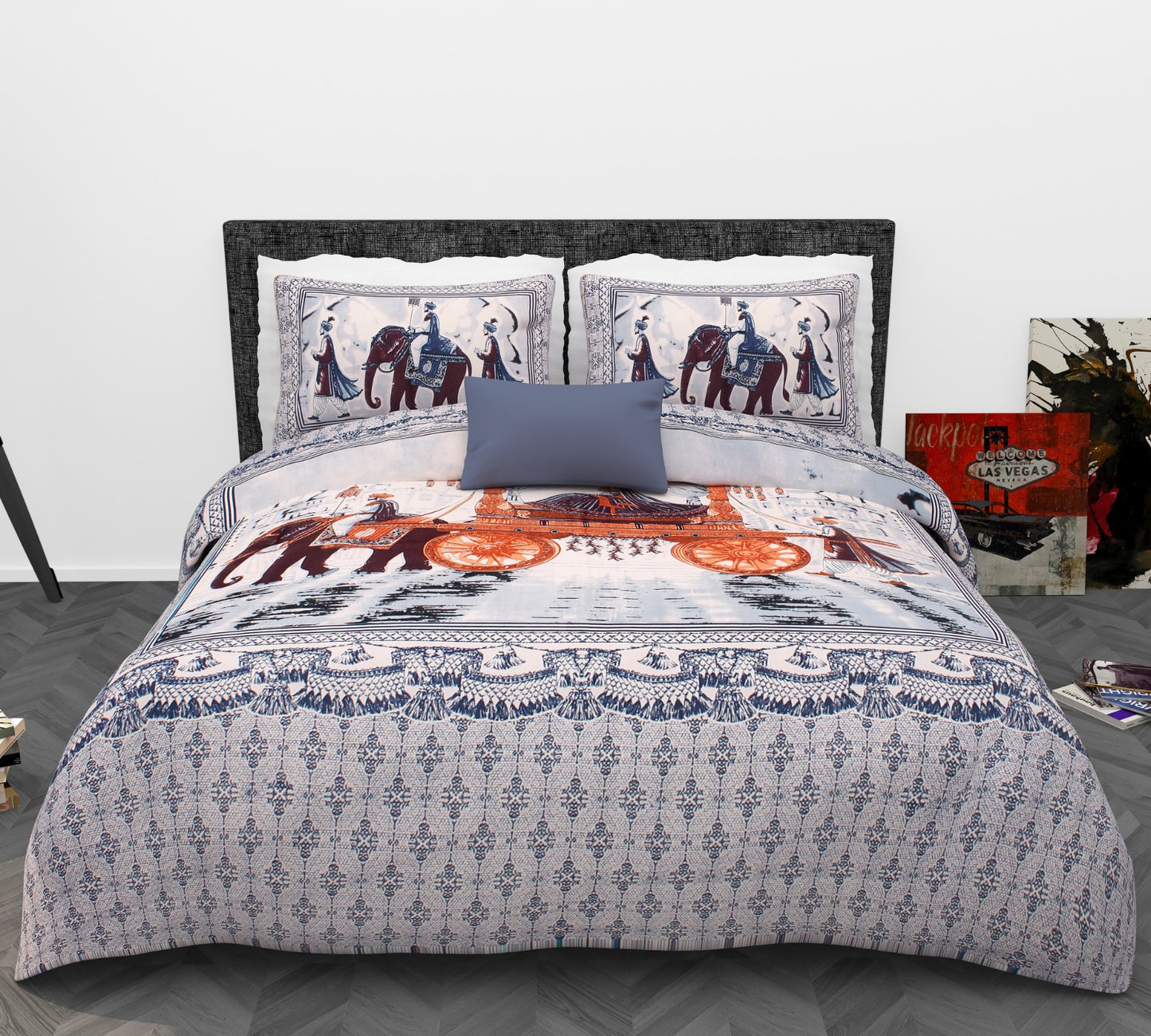 Royal Elephant Print Cotton King Size Bedsheet Set (90x108 inch) with 2 Pillow Covers | Traditional Ethnic Heritage Design | Premium Statement Bedding