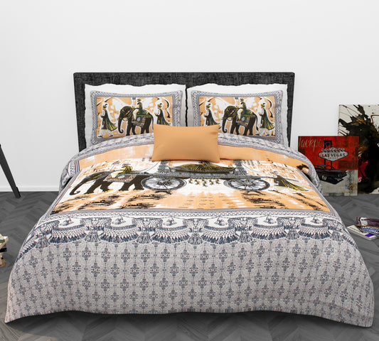 Royal Elephant Print Cotton King Size Bedsheet Set (90x108 inch) with 2 Pillow Covers | Traditional Ethnic Heritage Design | Premium Statement Bedding