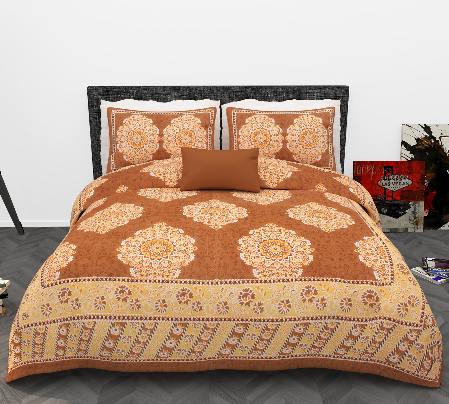 Mandala Floral Print Cotton King Size Bedsheet Set (90x108 inch)