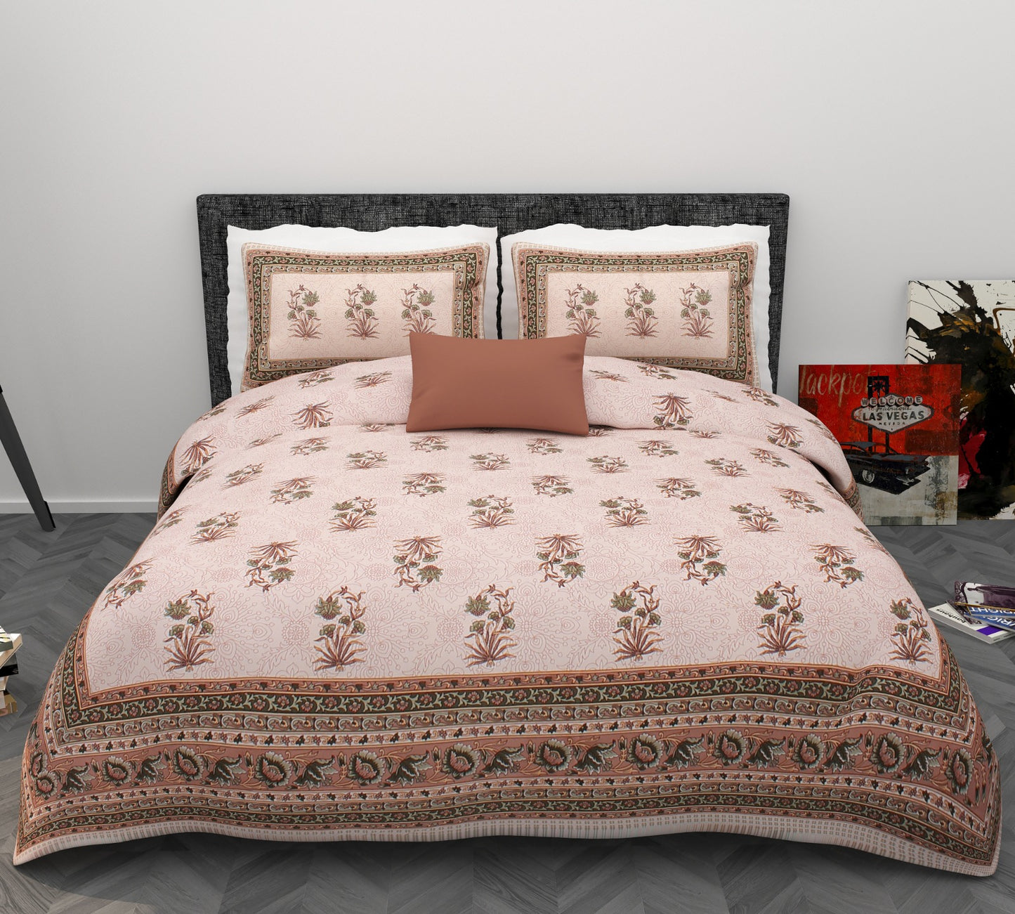 Phulkari Inspired Buta Print Cotton King Size Bedsheet Set (90x108 inch)