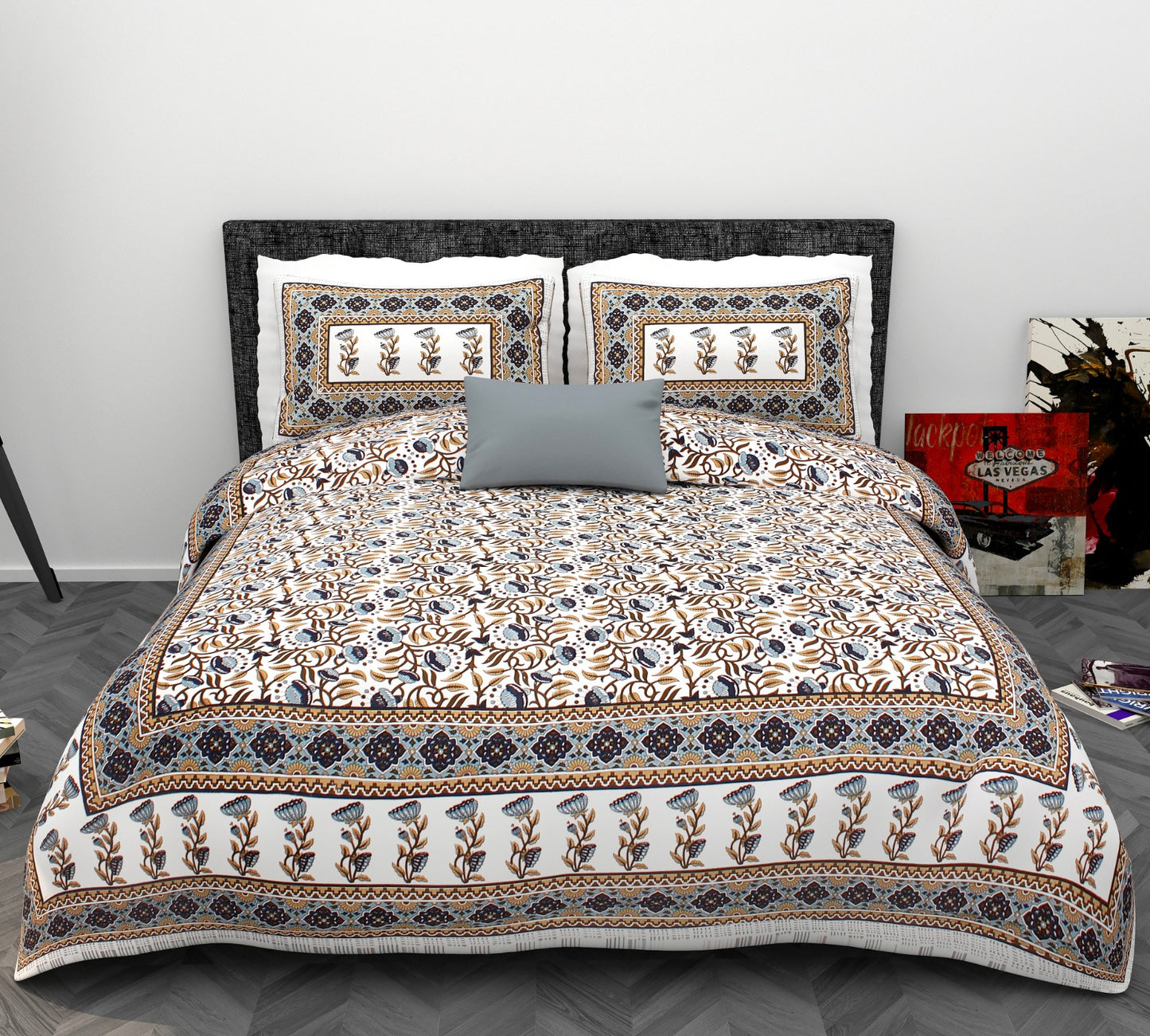 Phulkari Floral Vine King Size Cotton Bedsheet (90×108 Inch) – Traditional Block Print Style with Border Design | 2 Pillow Covers Included