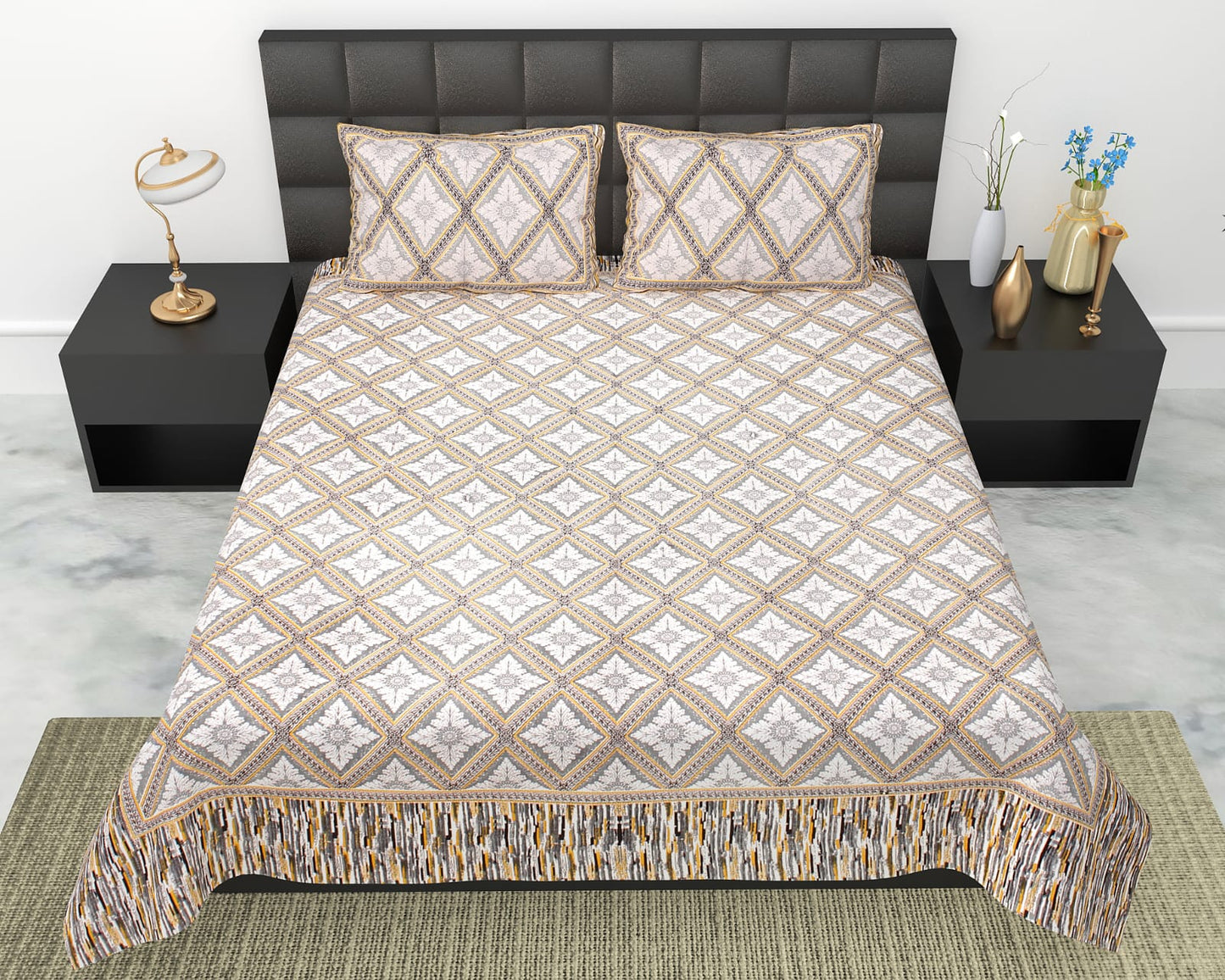 Geometric Diamond Print Cotton King Size Bedsheet Set (90x108 inch) with 2 Pillow Covers | Modern Repeating Pattern Bedding