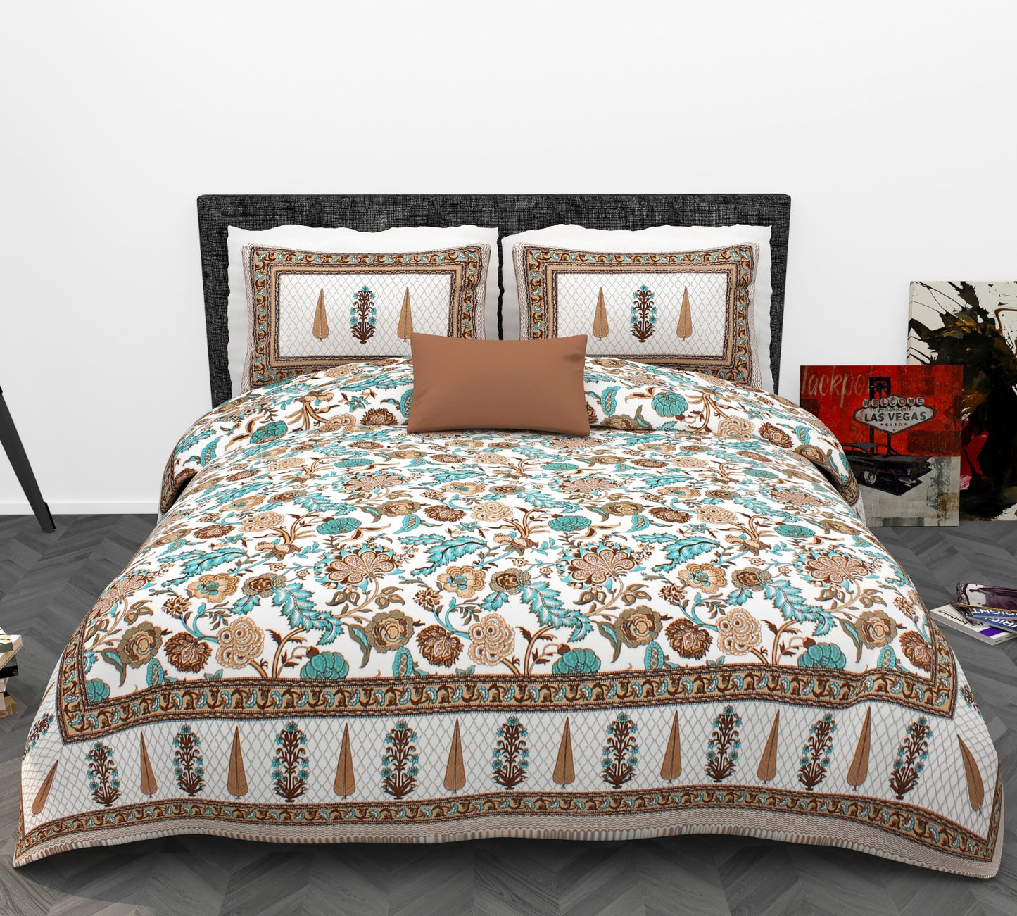 Mughal Floral Cotton King Size Bedsheet Set (90x108 inch) with 2 Pillow Covers | Ornamental Border Print | Elegant Traditional Bedding