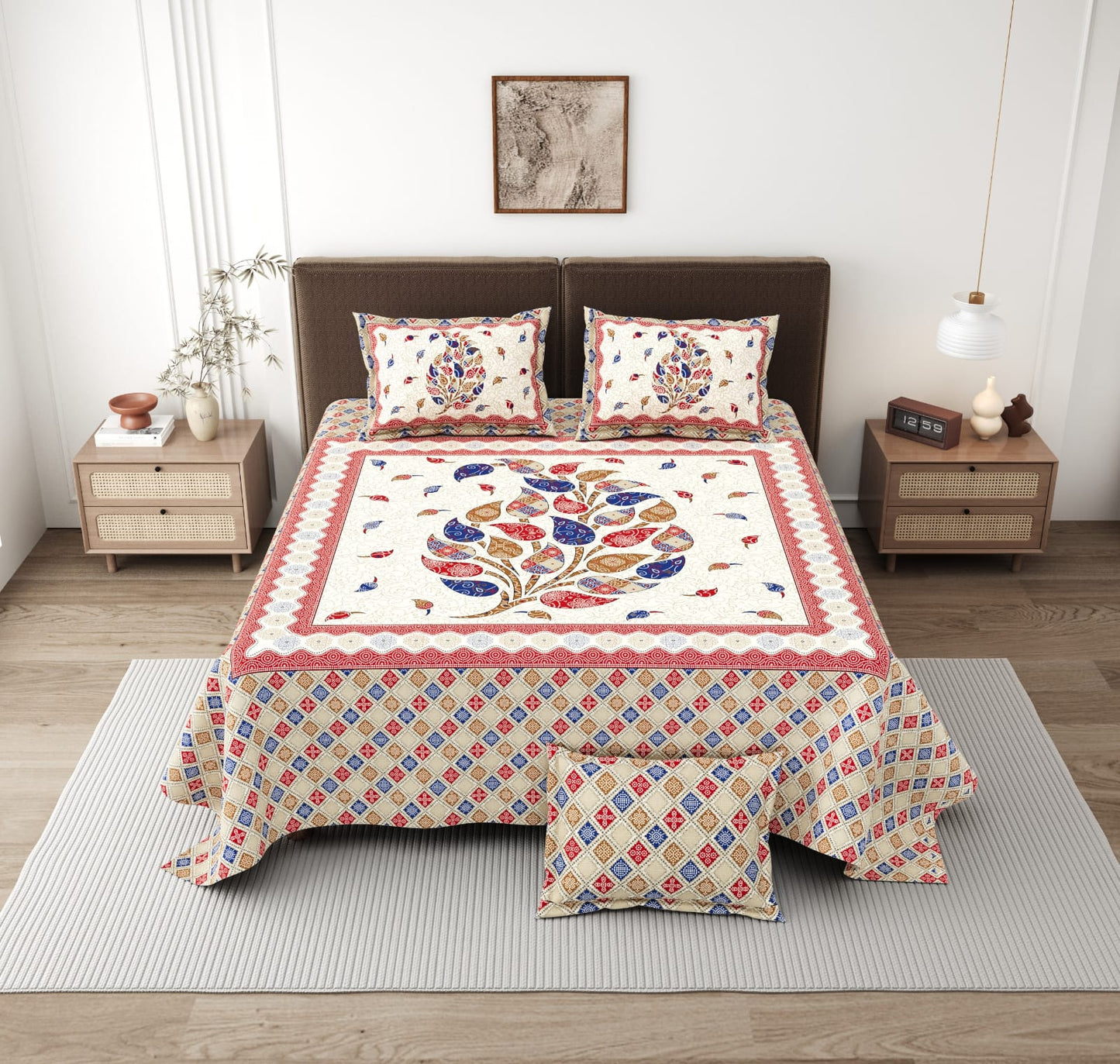 Bandhej Tree of Life King Size Cotton Bedsheet (108×108 Inch) – Ethnic Jaipuri Print with 2 Pillow Covers