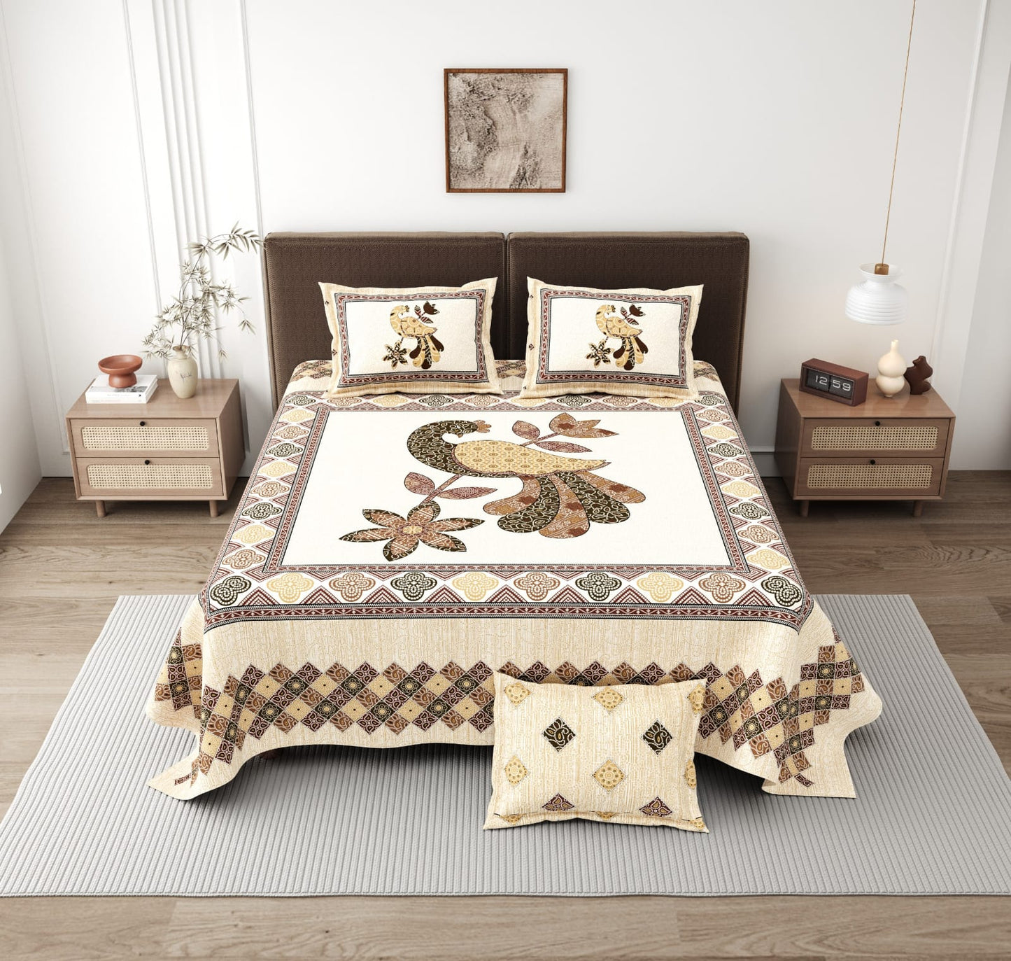 Bandhej Peacock King Size Cotton Bedsheet (108×108 Inch) – Jaipuri Ethnic Print with 2 Pillow Covers | Premium Statement Design