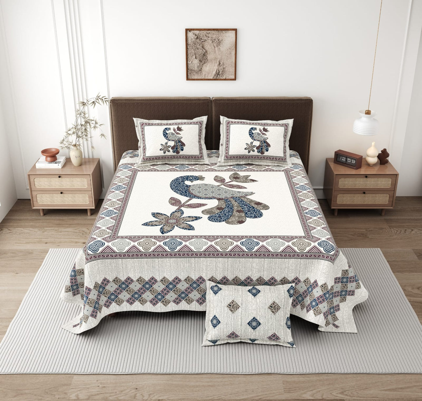 Bandhej Peacock King Size Cotton Bedsheet (108×108 Inch) – Jaipuri Ethnic Print with 2 Pillow Covers | Premium Statement Design