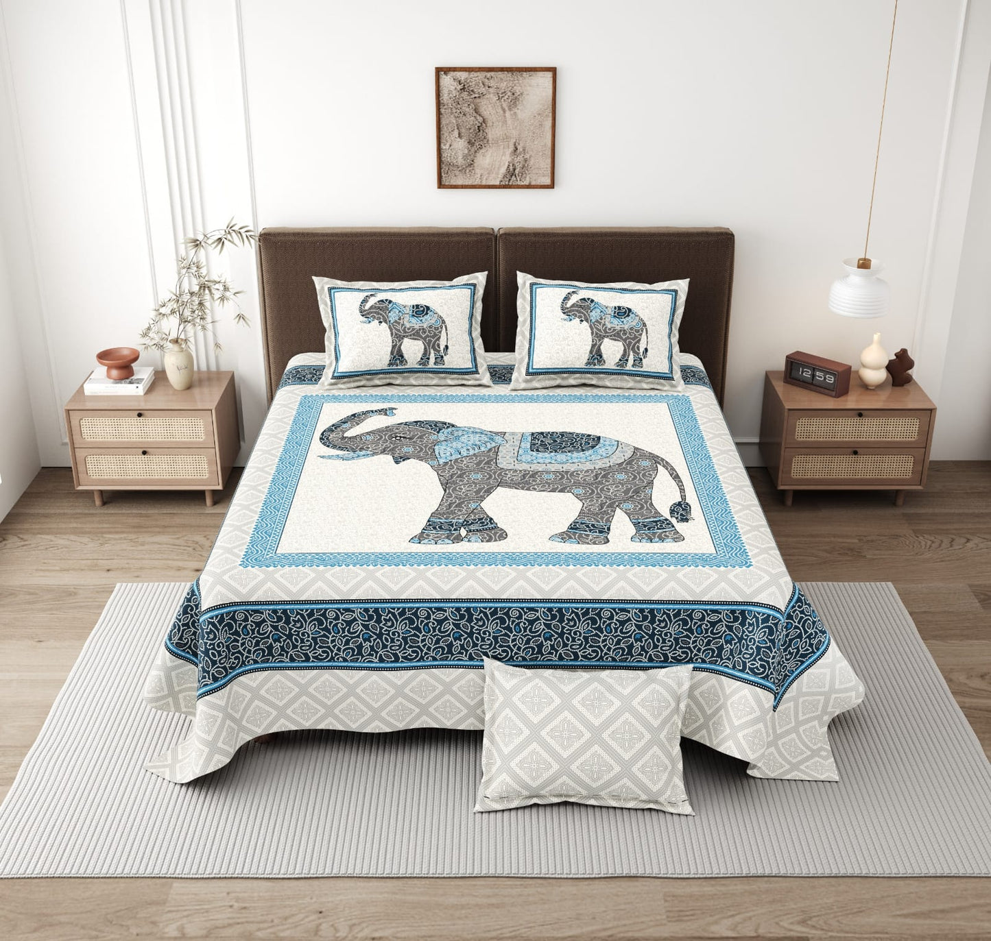 Jaipuri Elephant Motif King Size Cotton Bedsheet (108×108 Inch) – Ethnic Heritage Design with 2 Pillow Covers | Premium Traditional Bedding