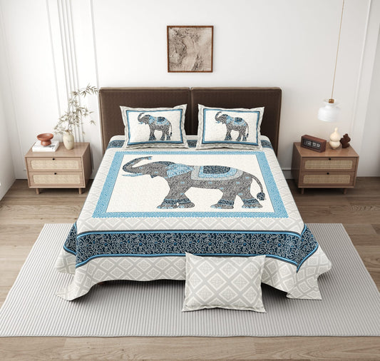 Jaipuri Elephant Motif King Size Cotton Bedsheet (108×108 Inch) – Ethnic Heritage Design with 2 Pillow Covers | Premium Traditional Bedding