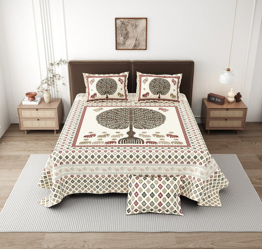 Jaipuri Tree of Life King Size Cotton Bedsheet (108×108 Inch) – Ethnic Animal Motif with 2 Pillow Covers | Premium Heritage Collection