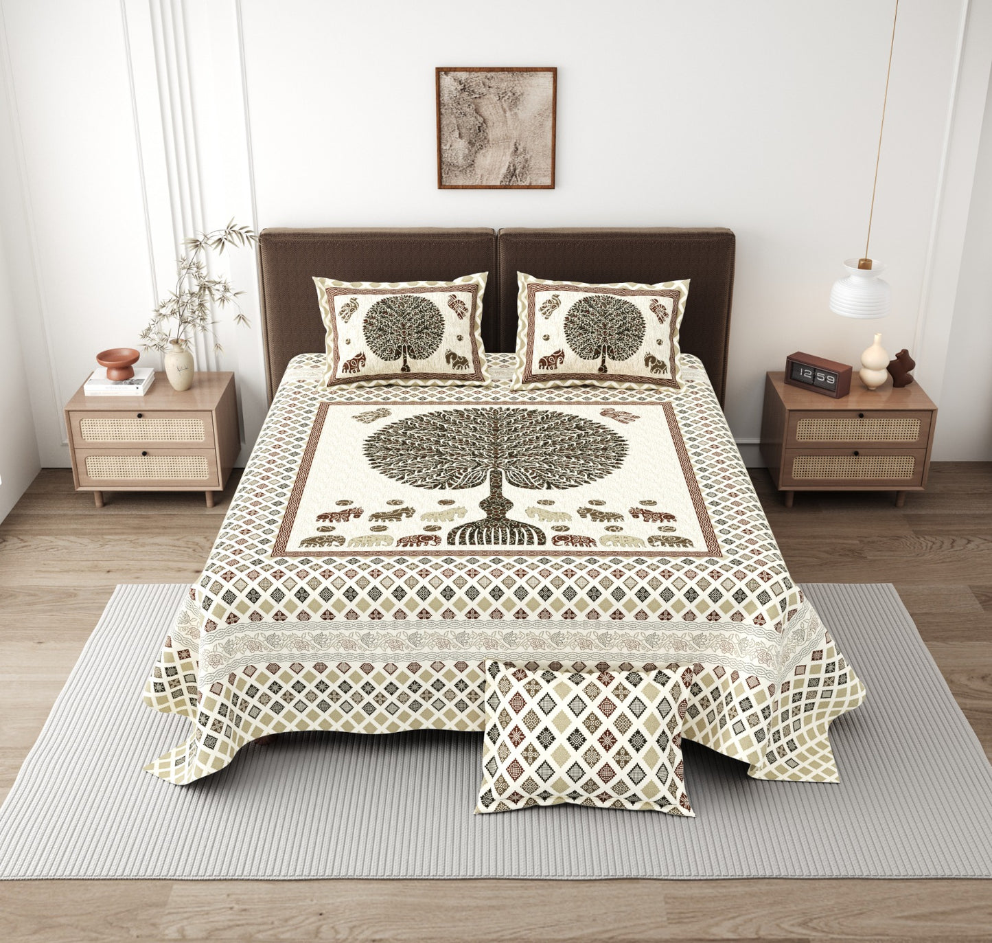 Jaipuri Tree of Life King Size Cotton Bedsheet (108×108 Inch) – Ethnic Animal Motif with 2 Pillow Covers | Premium Heritage Collection