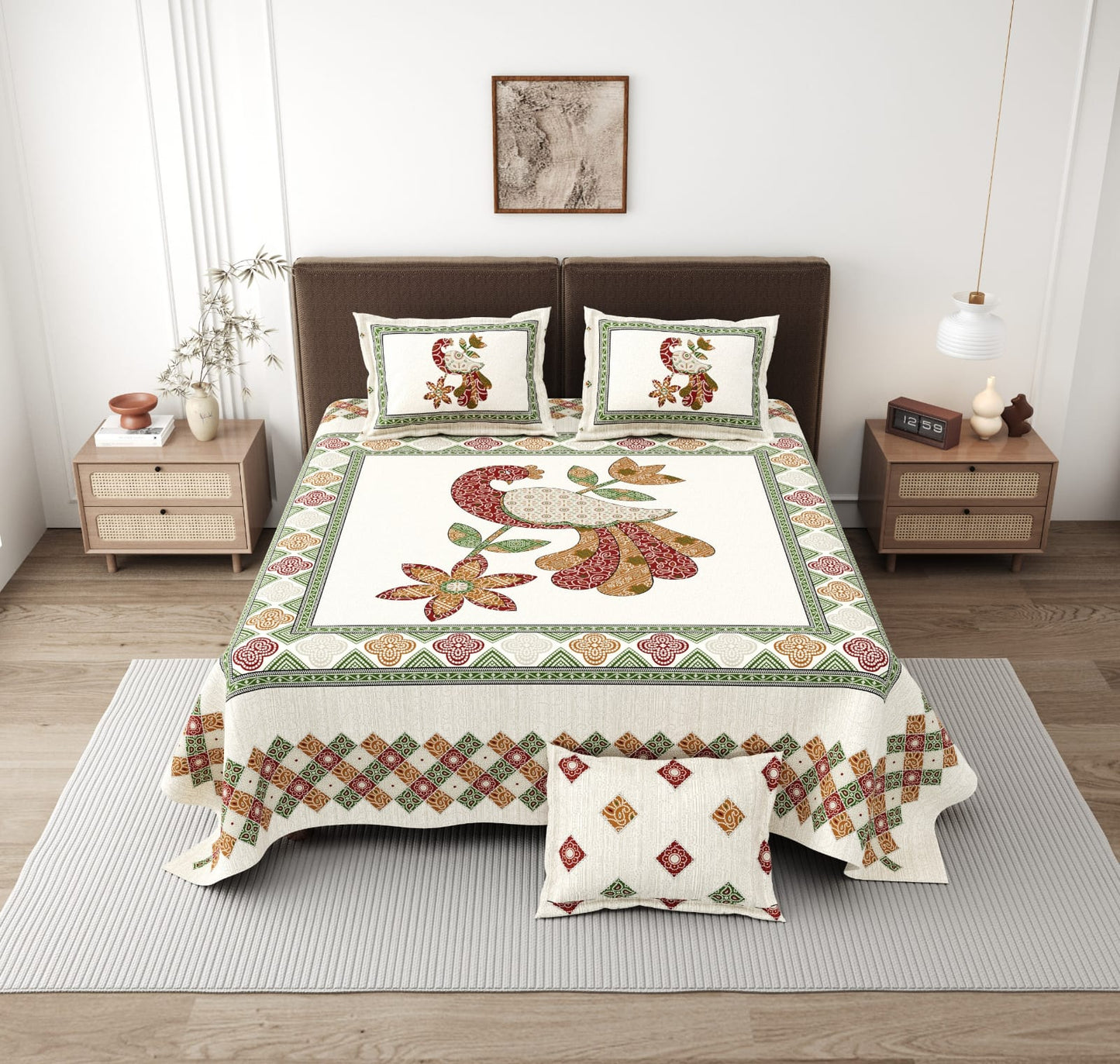 Bandhej Peacock King Size Cotton Bedsheet (108×108 Inch) – Jaipuri Ethnic Print with 2 Pillow Covers | Premium Statement Design