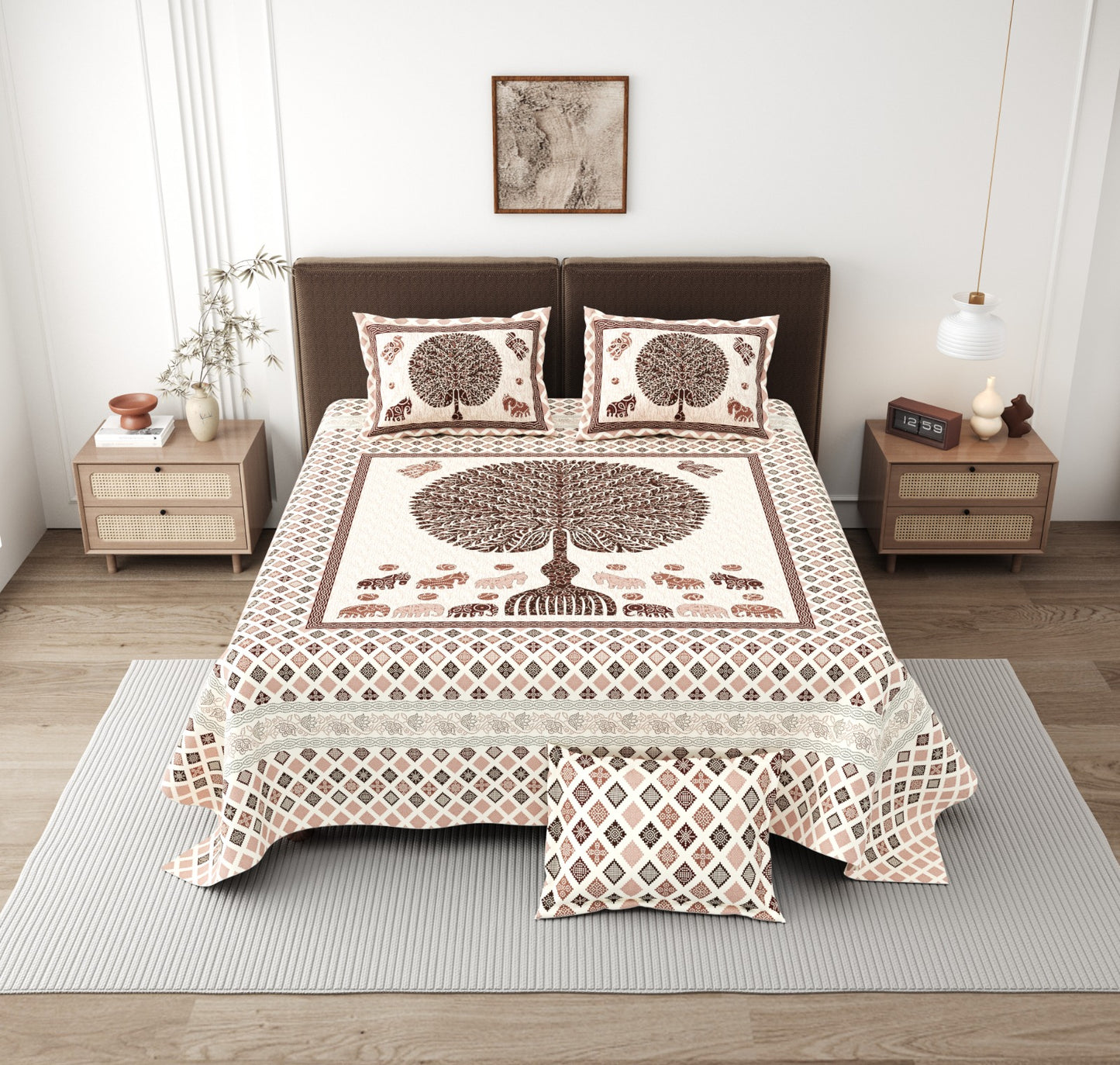 Jaipuri Tree of Life King Size Cotton Bedsheet (108×108 Inch) – Ethnic Animal Motif with 2 Pillow Covers | Premium Heritage Collection